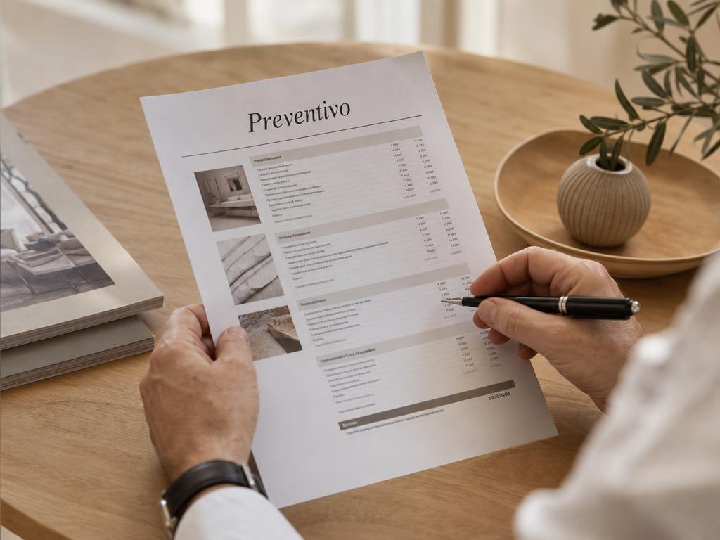 Mani che analizzano voce per voce un preventivo di ristrutturazione