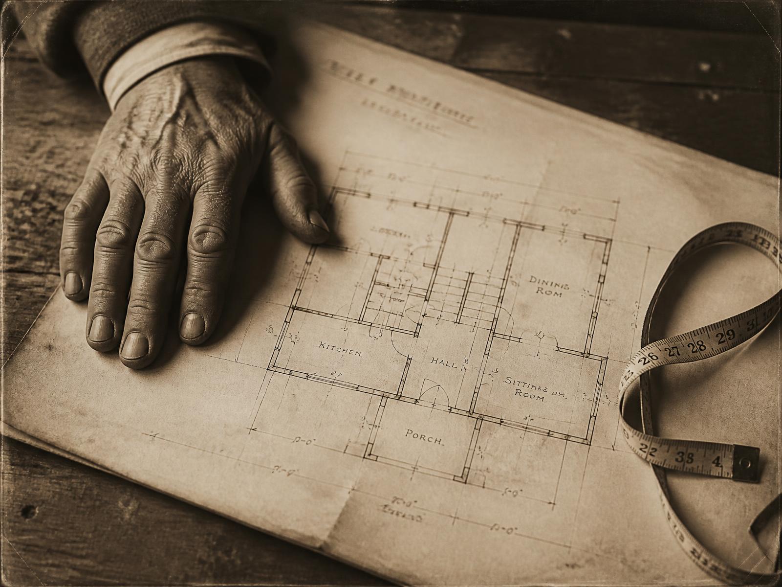 Mano appoggiata su una planimetria d'epoca accanto a un metro da sarto, fotografia dei primi anni Novecento