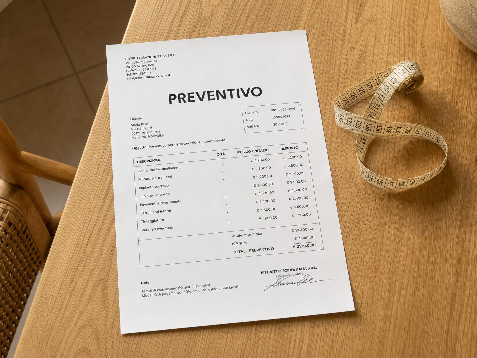 Preventivo di ristrutturazione su tavolo in legno con metro da sarta