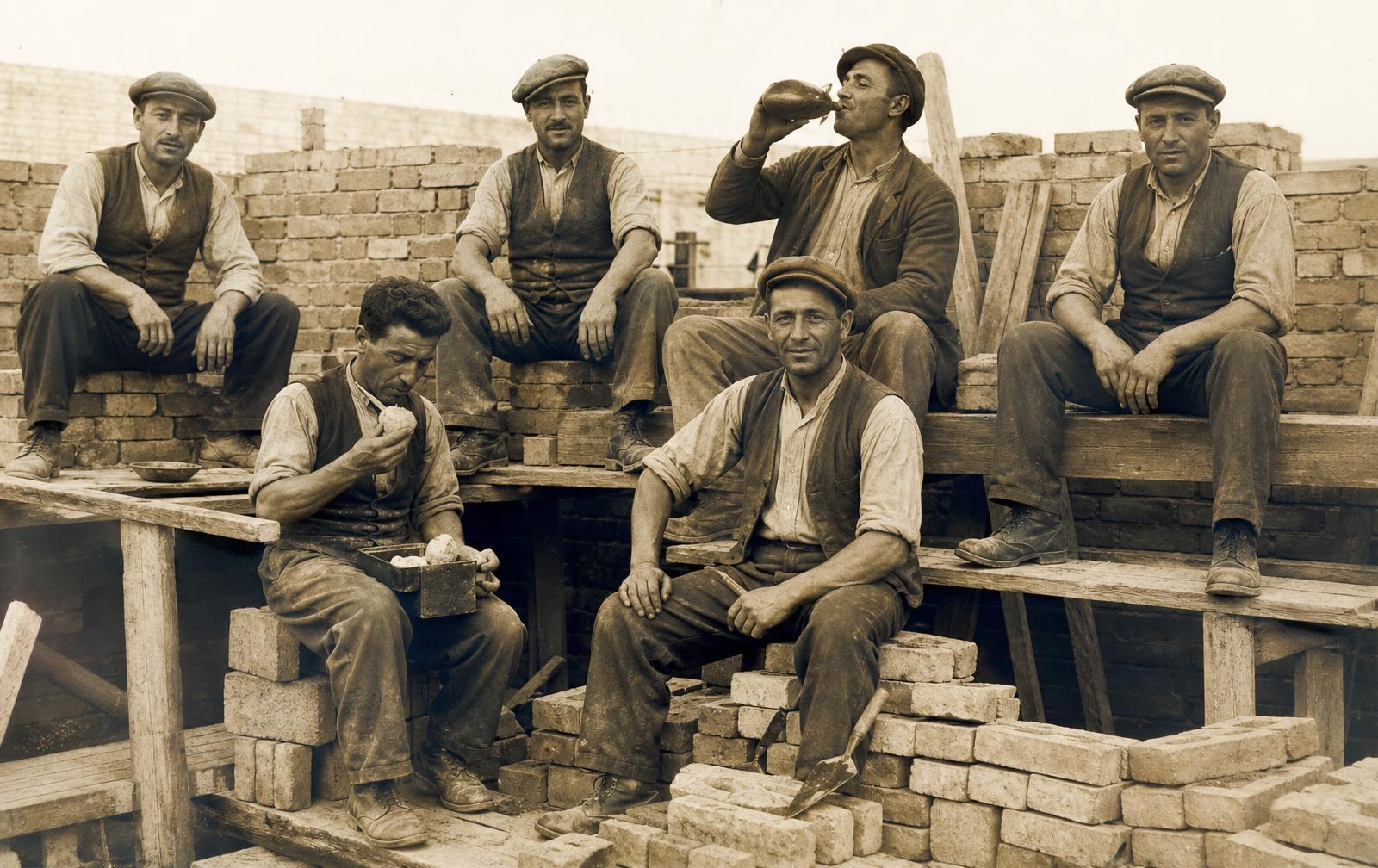 Squadra di edili in pausa pranzo su un cantiere degli anni Quaranta