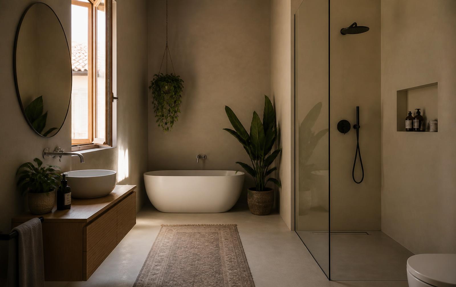 Bagno contemporaneo ristrutturato con pareti in microcemento beige e mobile in legno