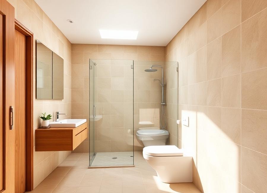 Bagno ristrutturato con piastrelle beige e doccia walk-in