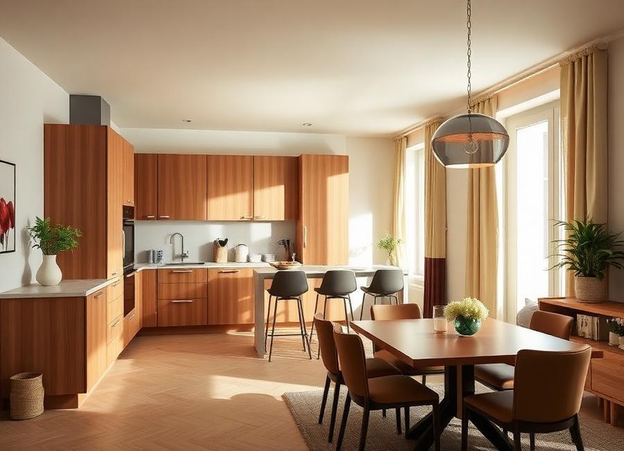 Cucina e zona living ristrutturate in un appartamento